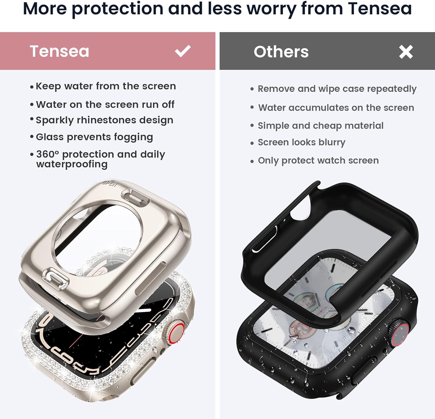 Tensea [2 in 1] for Waterproof Apple Watch Screen Protector Series 8 7 41mm Accessories, iWatch Hard Diamond Bumper Case Built-in Tempered Glass Film, Front & Back Bumper, Bling Face Cover Women - Image 2